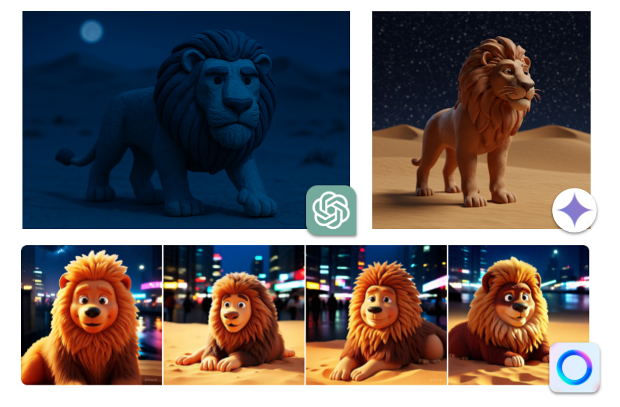 Images of claymation lions at night.