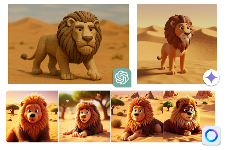 Images of claymation lions.