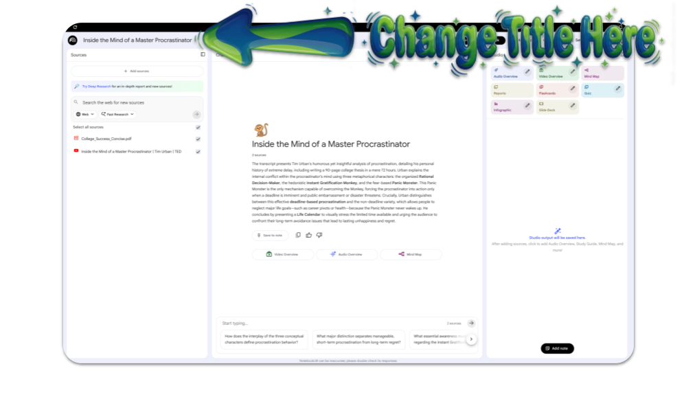 Screenshot from NotebookLM showing where to click to change the title of the notebook - the words CHANGE TITLE HERE are present.
