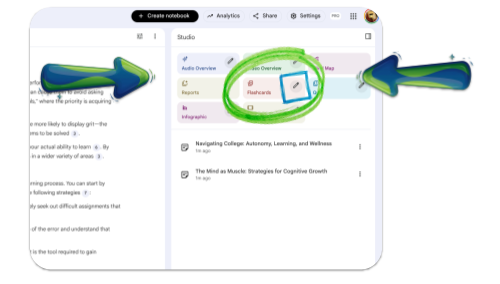 Screenshot from NotebookLM showcasing the FLASHCARDS feature in the Studio.