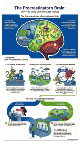 The infographic titled “The Procrastinator’s Brain: Why You Wait Until the Last Minute” explains procrastination using cartoon characters inside a cutaway brain. Three characters are introduced: The Rational Decision-Maker, described as the part of your brain that wants to make sensible, long-term plans and do productive work, shown as a calm person in a blue suit at a desk with organized papers and a computer; The Instant Gratification Monkey, which lives entirely in the present moment and only cares about what is easy and fun, illustrated as a joyful monkey in a party hat surrounded by pizza, video game controllers, music notes, phones, and social media icons; and The Panic Monster, which is dormant until a deadline gets too close and is the only thing the Monkey fears, depicted as a large red creature curled around an alarm clock. The infographic outlines “The System: How Procrastination Unfolds” in three steps. Step 1, “The Monkey Seizes Control,” shows the monkey hijacking the controls from the Rational Decision-Maker to do something fun instead of working. Step 2, “Entering the ‘Dark Playground,’” represents leisure happening when it shouldn’t, with scenes like a roller coaster, dark rain clouds, and scattered entertainment devices symbolizing guilt, anxiety, and dread. Step 3, “The Panic Monster Awakens,” shows looming deadlines waking the Panic Monster, which scares the monkey away and finally lets work begin. Next, the infographic presents “The Two Types of Procrastination.” Short-Term Procrastination (with deadlines) is portrayed with a person working urgently at a desk stacked with papers labeled “DEADLINE” while the Panic Monster looms, with the caption explaining that effects are contained because the Panic Monster eventually forces action. Long-Term Procrastination (with no deadlines) shows a person rowing a small boat down a winding river while the Panic Monster sleeps beside them; the text warns this is more dangerous because the Panic Monster has nothing to wake up for, so inaction can last forever. Beneath this, an illustration labeled “Theater of Life” shows a spectator watching actors on stage, paired with the caption “The Hidden Cost,” explaining that long-term procrastination can make you feel like a spectator in your own life, unable to start chasing your dreams. The image ends with a small NotebookLM logo.