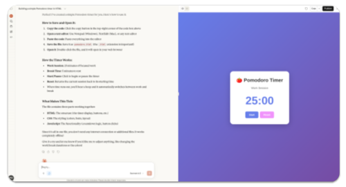 Screenshot of Claude and the Pomodoro Timer app.