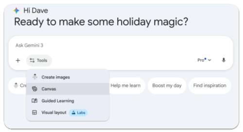 Screenshot of activating the CANVAS tool in Google Gemini.