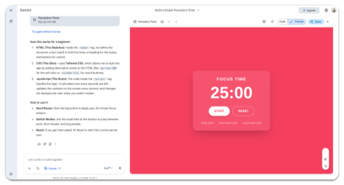 Screenshot of Gemini and the Pomodoro Timer app.