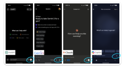A side-by-side comparison of four AI chatbot mobile interfaces is shown, each displayed on a smartphone screen. From left to right, the interfaces belong to ChatGPT, Gemini, Claude, and Copilot.  |  ChatGPT (far left): The interface is dark-themed with a greeting text, “What can I help with?” and several colorful options below such as “Create image,” “Summarize text,” “Code,” “Make a plan,” and “More.” The ChatGPT logo is visible at the bottom left. The microphone button at the bottom input bar is circled in light blue, indicating voice input availability.  |  Gemini (second from left): Also in dark mode, the screen greets the user “Hi Dave” and suggests prompts like “Make me a chart on seasonal travel” and “Code a breathing box mini app with 3 Pro.” Various options like “Create image,” “Write anything,” and “Deep Research” are listed as rounded buttons. The Gemini logo is shown bottom left. The microphone icon in the input bar is highlighted with a light blue circle.  |  Claude (third from left): The screen has a minimalist dark brown background with a centered orange flower-like icon and the message “How can I help you this morning?” The Claude logo is displayed in the bottom left, and the microphone icon is again circled in light blue in the message input field.  |  Copilot (far right): The interface features a dark blue gradient background with the prompt “What’s on today’s agenda?” at the center. The message input bar contains a microphone icon, also circled in light blue. The Copilot logo is placed at the bottom left above the navigation bar.  |  All four screens show voice input features highlighted in light blue circles, suggesting a comparison of voice input accessibility across different AI assistant apps.