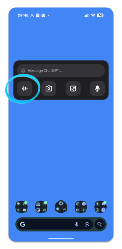 A ChatGPT widget on a phone home screen, with its Voice Mode button circled.
